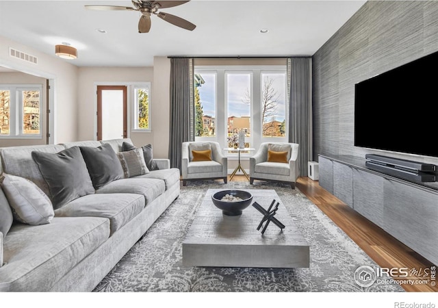 living room with ceiling fan and hardwood / wood-style floors