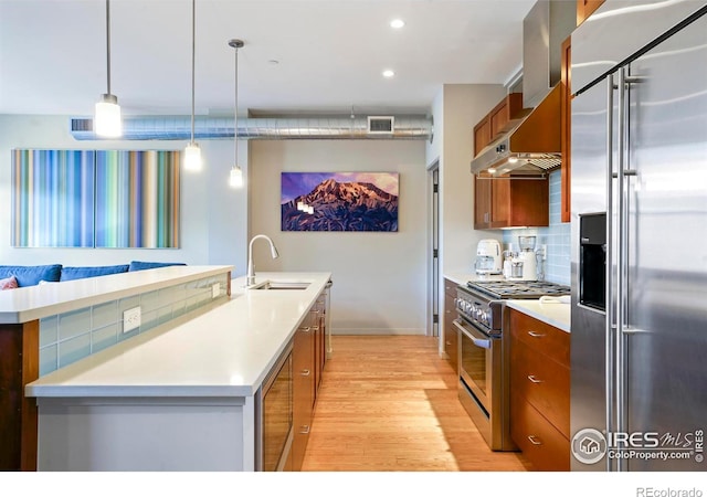 kitchen with sink, hanging light fixtures, premium appliances, tasteful backsplash, and a center island with sink