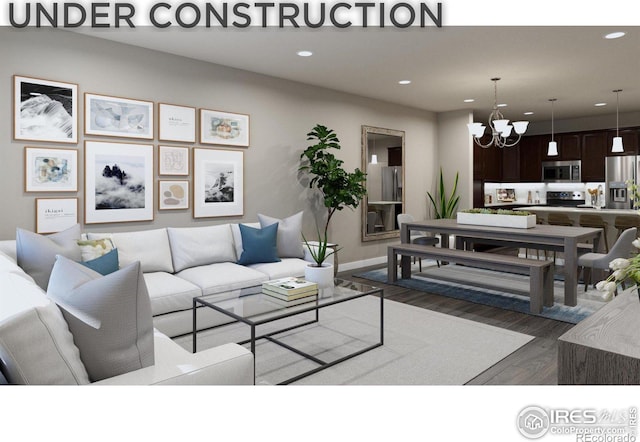 410 High Point Dr Unit 104, Longmont, CO 80504 - living room featuring an inviting chandelier and dark wood-type flooring