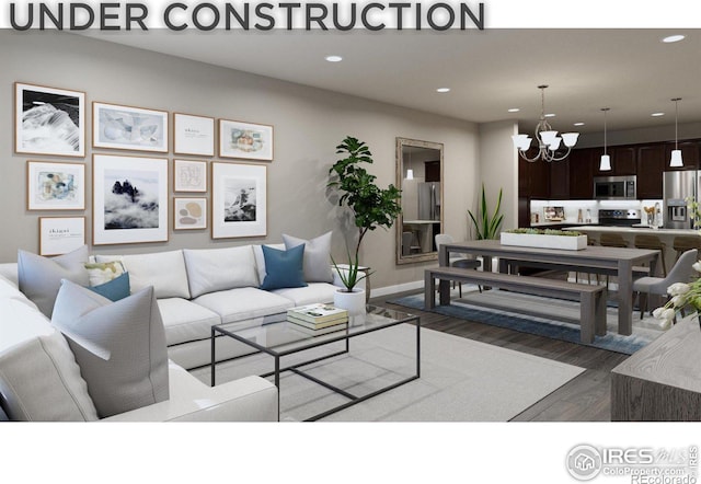 living room featuring an inviting chandelier and dark wood-type flooring