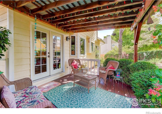 wooden terrace featuring french doors