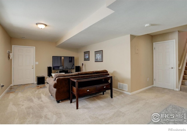 living room featuring light colored carpet