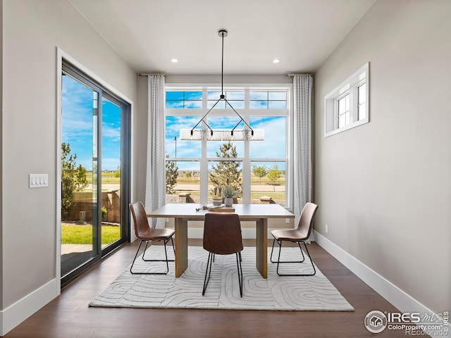 dining space with hardwood / wood-style floors, an inviting chandelier, and plenty of natural light