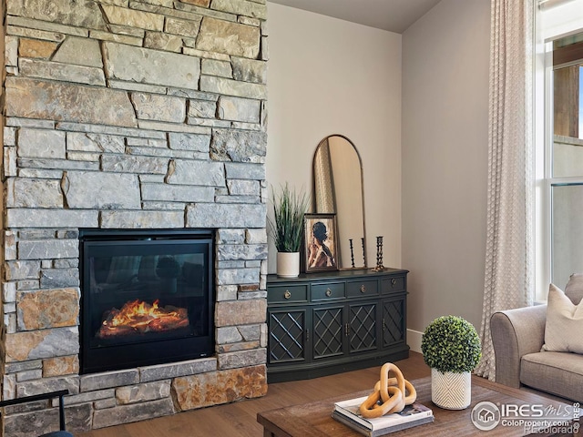 living room featuring hardwood / wood-style flooring and a stone fireplace