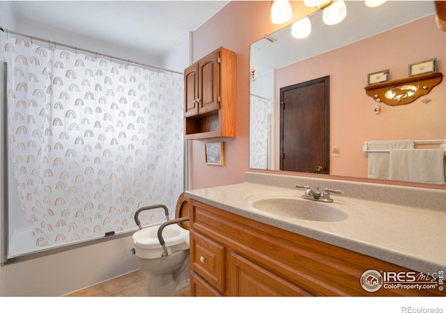 full bathroom featuring shower / bathing tub combination, vanity, toilet, and tile patterned floors