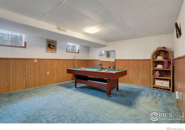 game room featuring carpet and billiards