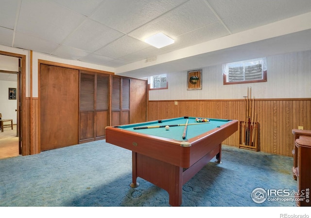 recreation room with a drop ceiling, carpet floors, and billiards