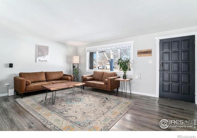 living room featuring dark wood-type flooring