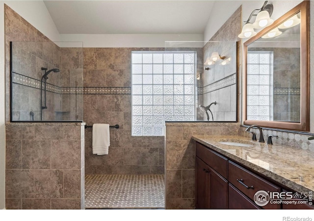 bathroom featuring vanity, lofted ceiling, and walk in shower