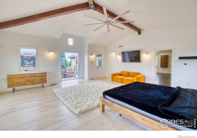 bedroom with ceiling fan, access to outside, light wood-type flooring, high vaulted ceiling, and beam ceiling