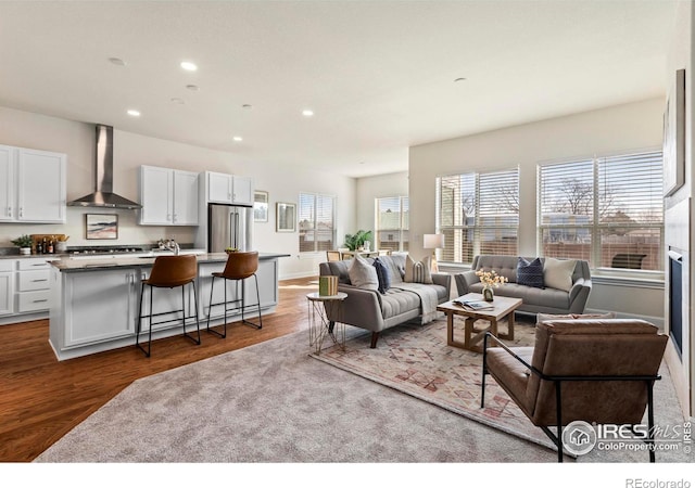 living room with dark hardwood / wood-style floors