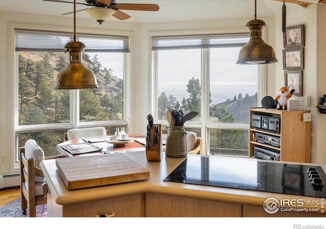 interior space with ceiling fan, a baseboard radiator, pendant lighting, wood-type flooring, and black electric stovetop