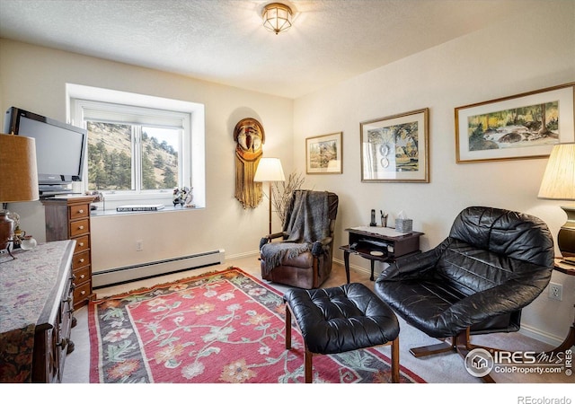 living area with carpet, a textured ceiling, and a baseboard radiator