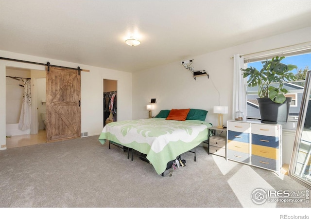 bedroom featuring a barn door, a walk in closet, carpet floors, and a closet