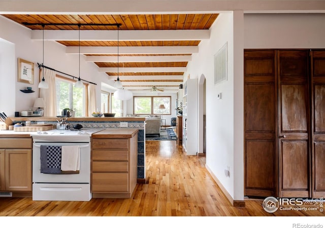 kitchen with electric range, a healthy amount of sunlight, light hardwood / wood-style flooring, pendant lighting, and wood ceiling