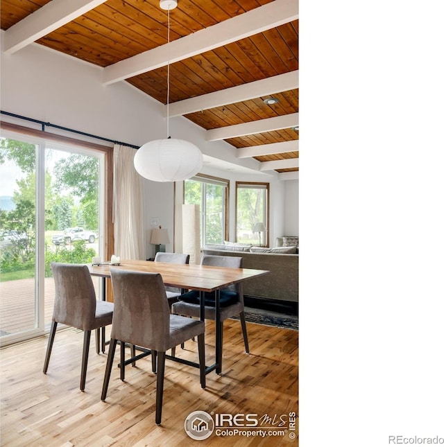 dining space with light wood-type flooring, lofted ceiling with beams, and wooden ceiling