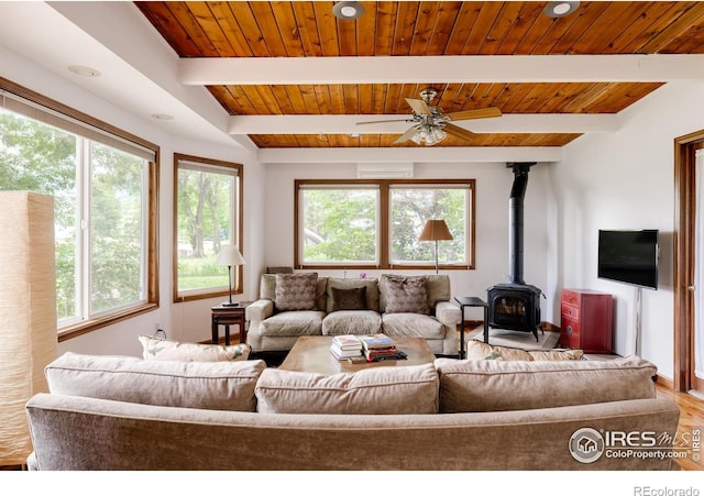 living room with a wood stove, ceiling fan, beamed ceiling, and wood ceiling