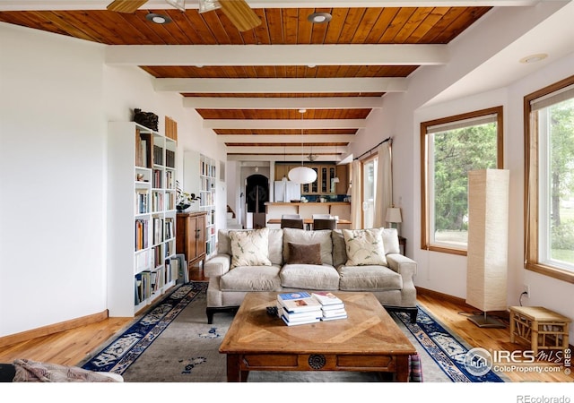 living room with beam ceiling, hardwood / wood-style flooring, and wood ceiling