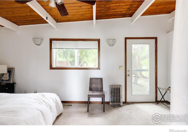 carpeted bedroom with ceiling fan, lofted ceiling with beams, radiator heating unit, and wood ceiling