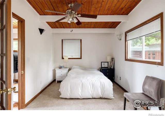 bedroom featuring ceiling fan, lofted ceiling with beams, light colored carpet, and wooden ceiling