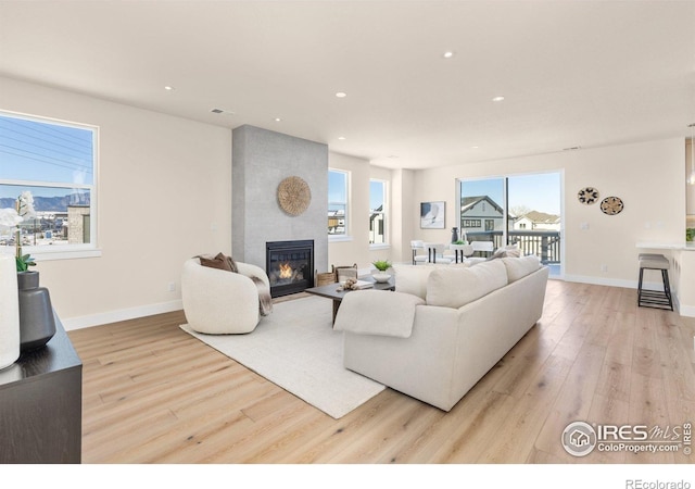 living room with a large fireplace and light hardwood / wood-style floors