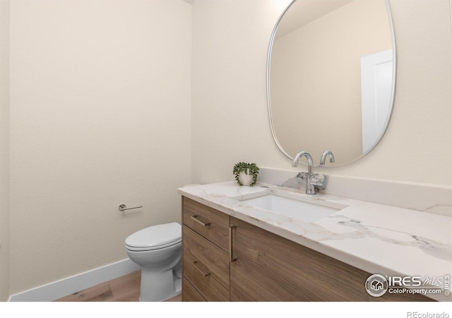 bathroom featuring vanity, toilet, and wood-type flooring