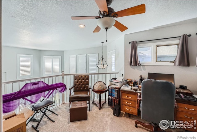 carpeted office space with a textured ceiling, ceiling fan, and a healthy amount of sunlight