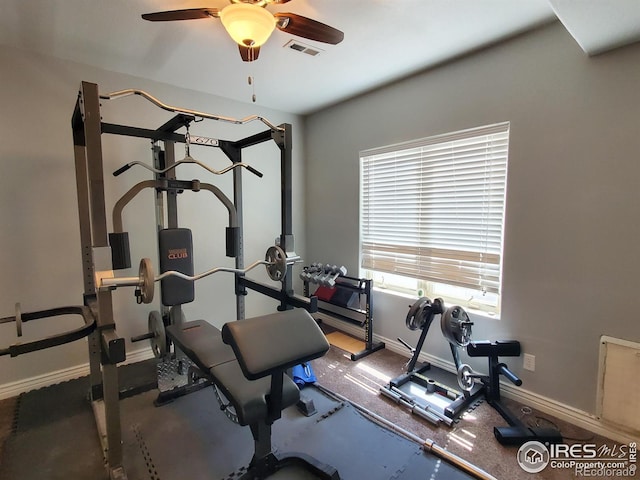 exercise area featuring ceiling fan