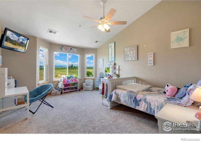 carpeted bedroom featuring ceiling fan and lofted ceiling