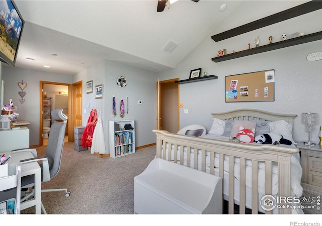 bedroom with carpet flooring, ceiling fan, and lofted ceiling