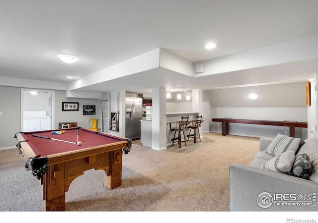 recreation room with carpet flooring and pool table