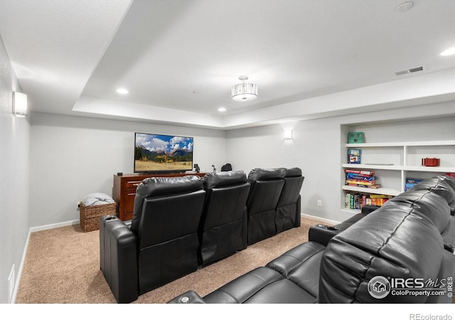 carpeted cinema room with a tray ceiling