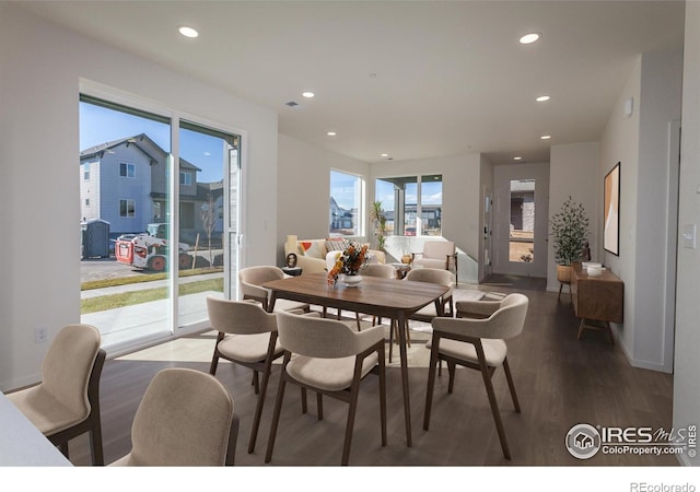 dining space with dark hardwood / wood-style flooring