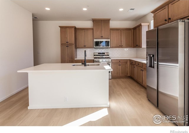 kitchen with appliances with stainless steel finishes, a center island with sink, tasteful backsplash, and sink