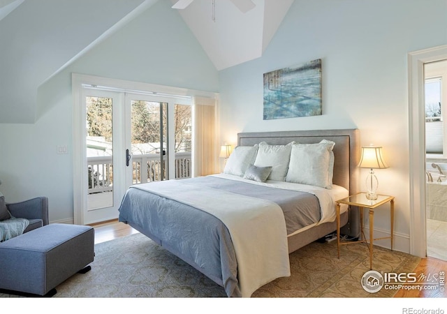 bedroom featuring access to outside, ceiling fan, light hardwood / wood-style flooring, and high vaulted ceiling