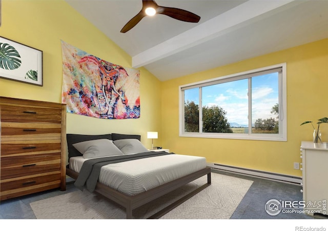 bedroom featuring ceiling fan, lofted ceiling with beams, carpet floors, and a baseboard heating unit