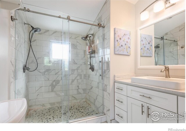 bathroom with plus walk in shower and vanity