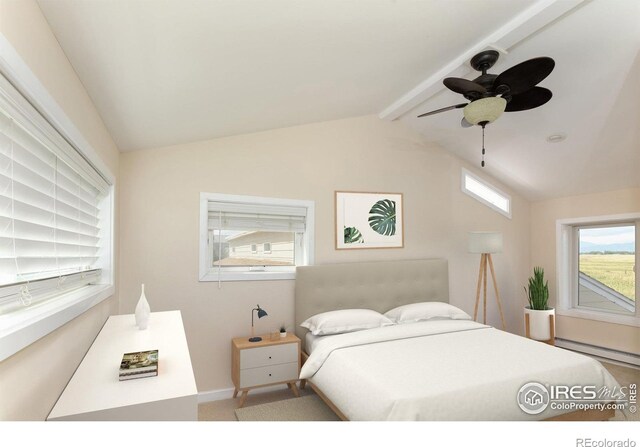 bedroom with lofted ceiling with beams, ceiling fan, and a baseboard heating unit