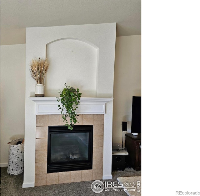 interior details featuring carpet flooring and a fireplace