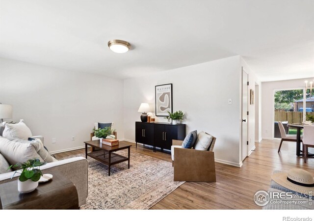 living area featuring a chandelier, baseboards, and wood finished floors