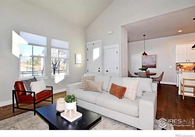 living room featuring dark hardwood / wood-style flooring and high vaulted ceiling