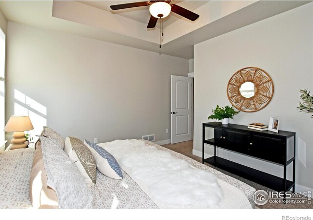 bedroom featuring a tray ceiling, ceiling fan, and carpet flooring