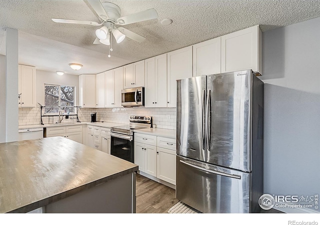 kitchen featuring white cabinetry, tasteful backsplash, appliances with stainless steel finishes, and a sink