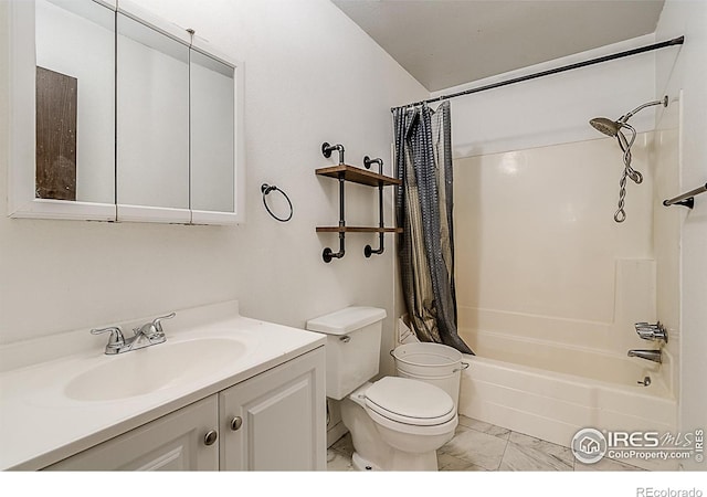 full bath with vanity, shower / bath combination with curtain, toilet, and marble finish floor