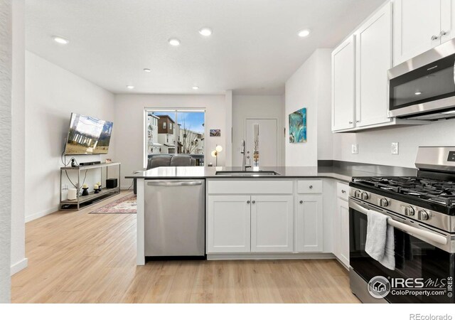 kitchen with sink, light hardwood / wood-style flooring, appliances with stainless steel finishes, white cabinetry, and kitchen peninsula