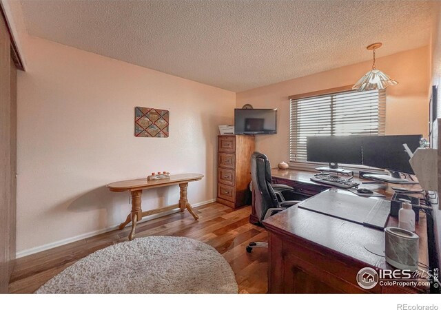 home office featuring hardwood / wood-style floors and a textured ceiling