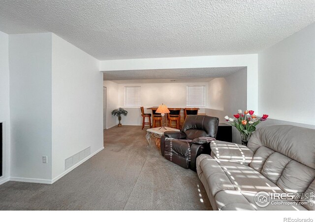 living room with carpet flooring and a textured ceiling