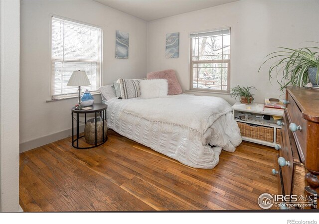 bedroom featuring dark hardwood / wood-style floors and multiple windows