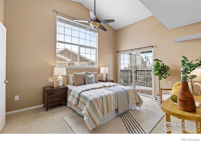 carpeted bedroom featuring access to outside, ceiling fan, and lofted ceiling