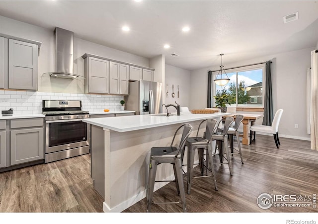 kitchen with gray cabinets, wall chimney range hood, a kitchen island with sink, and appliances with stainless steel finishes